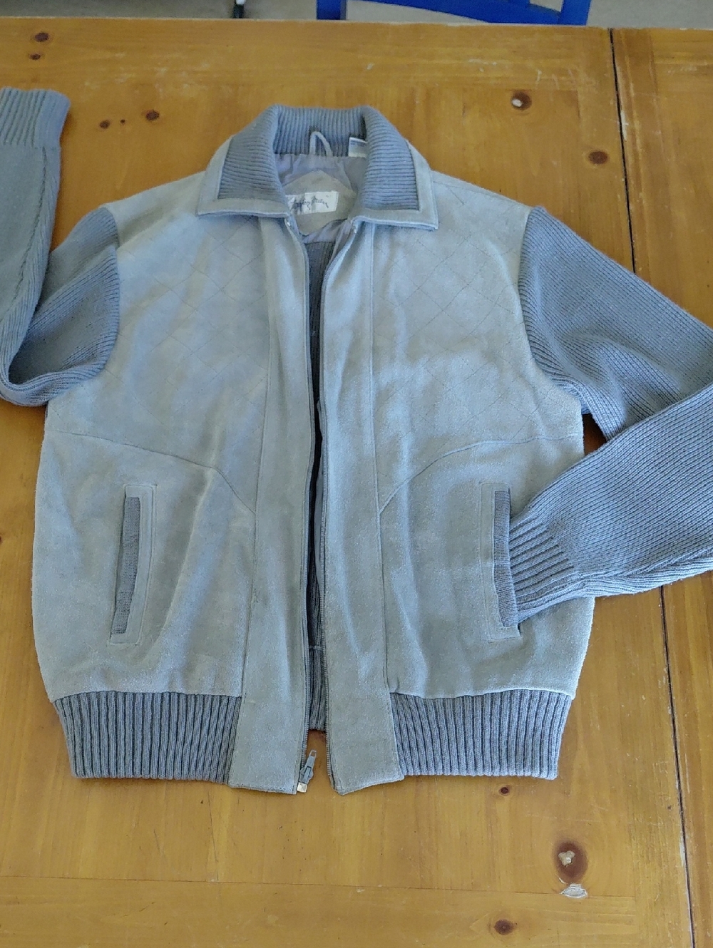 Vtg Mister Man  Gray Suede & Knit Zip Sweater Jacket Large